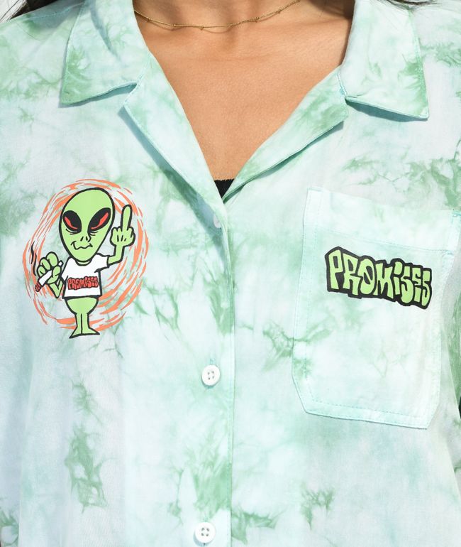Broken Promises Outsider Green Tie Dye Short Sleeve Button Up Shirt - thumbnail 3