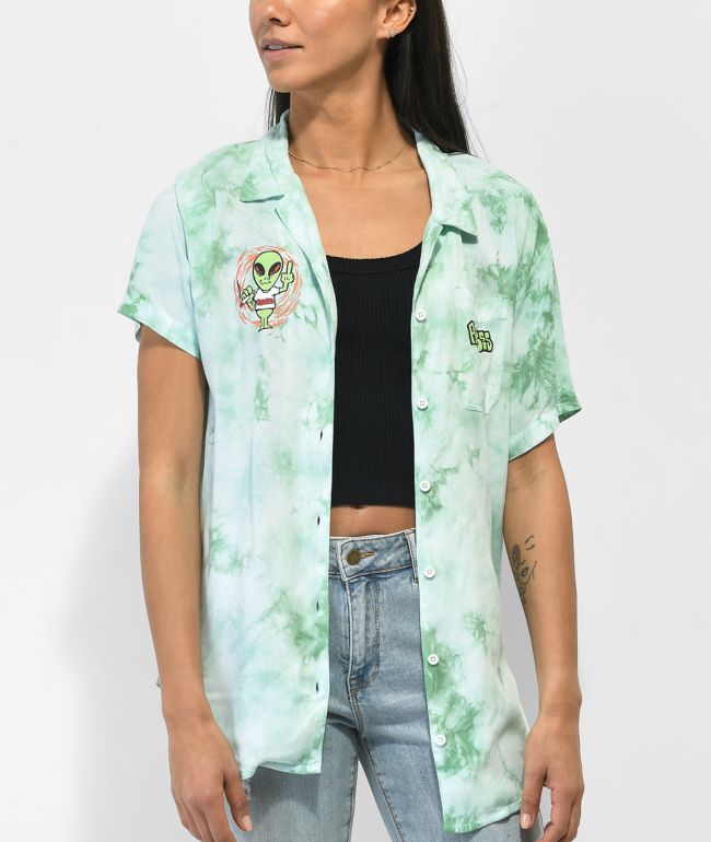 Broken Promises Outsider Green Tie Dye Short Sleeve Button Up Shirt - thumbnail 2