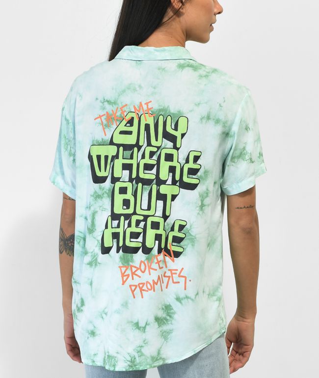 Broken Promises Outsider Green Tie Dye Short Sleeve Button Up Shirt