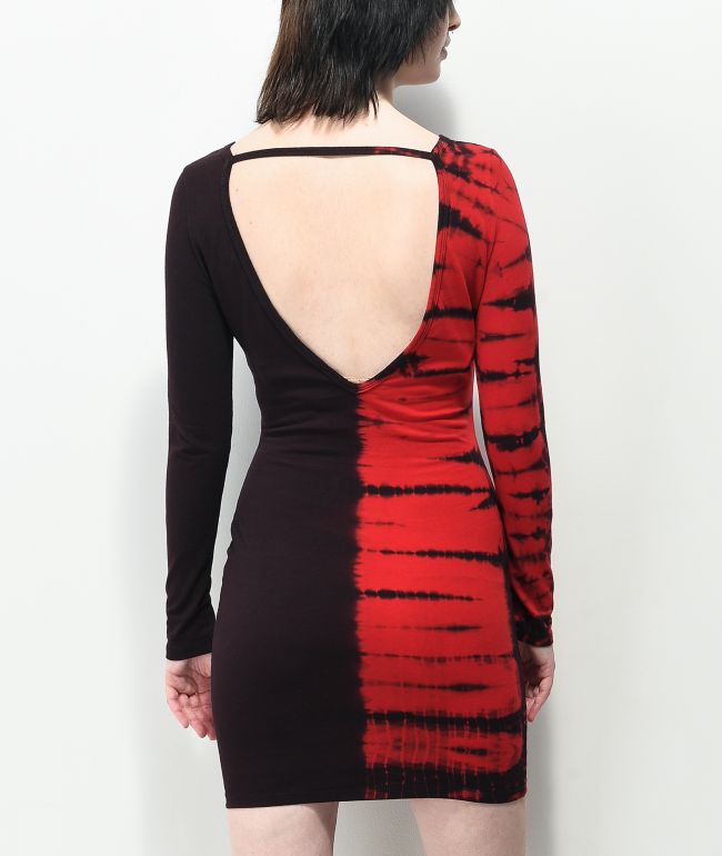 Broken Promises Riot Red Split Tie Dye Long Sleeve Dress - thumbnail 2