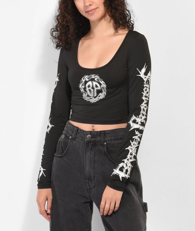 Broken Promises Shard Black Long Sleeve Crop Top