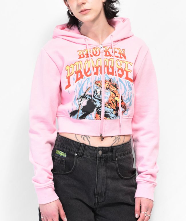 Broken Promises Stallion Pink Crop Zip Hoodie