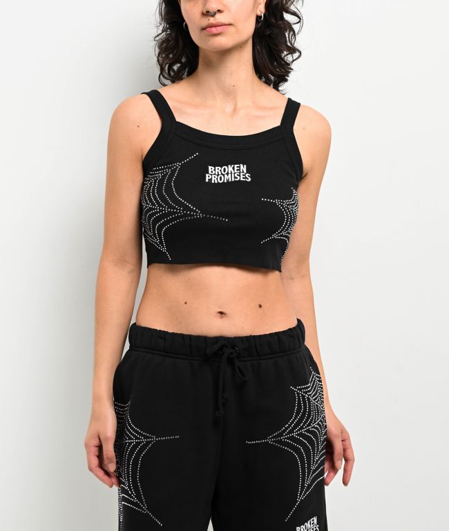Broken Promises Stoned Web Rhinestone Black Crop Tank Top