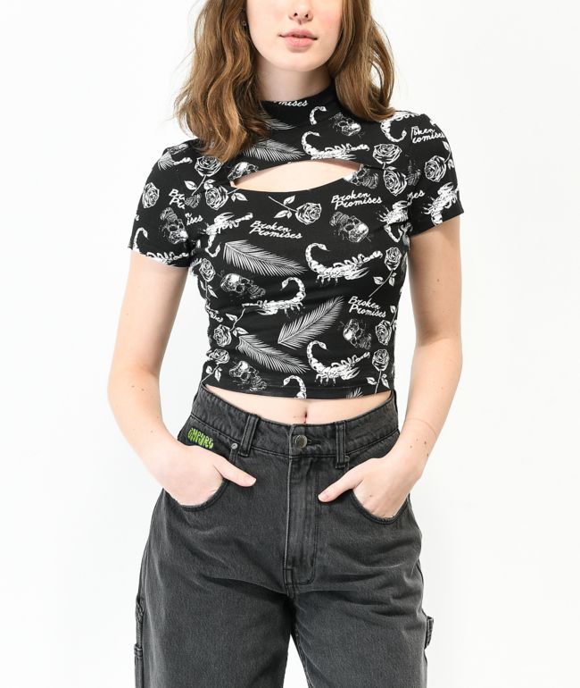 Broken Promises Tropic Disaster Black Mock Neck Crop T-Shirt