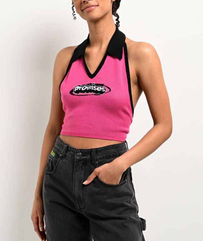 Broken Promises Who Cares Pink Knit Halter Top - thumbnail 2