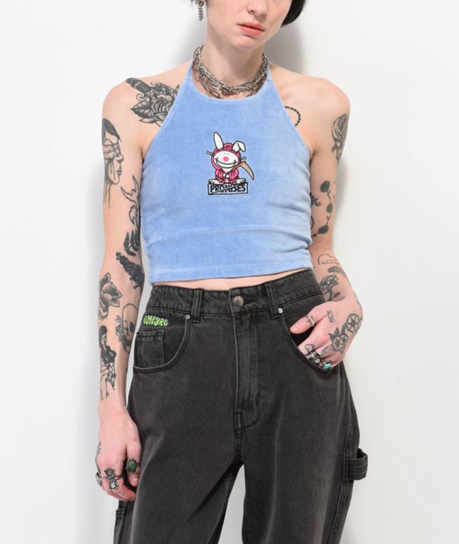 Broken Promises x Happy Bunny Reaper Bunny Blue Fuzzy Crop Tank Top