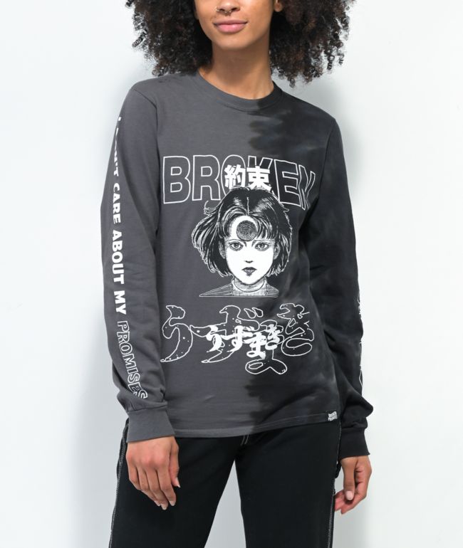 Broken Promises x Junji I Don't Care Black & Grey Split Tie Dye Long Sleeve T-Shirt