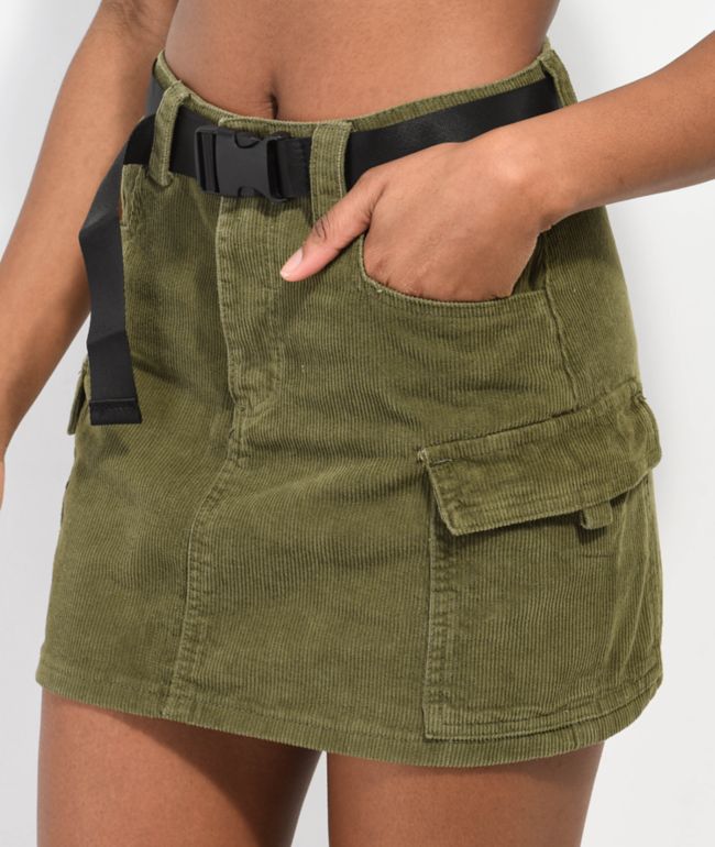 Cali 1850 Olive Corduroy Belted Mini Skirt - thumbnail 3