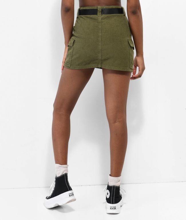 Cali 1850 Olive Corduroy Belted Mini Skirt - thumbnail 2