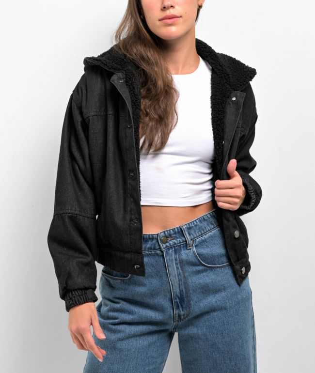 Cali 1850 Sherpa Lined Black Hooded Bomber Jacket - thumbnail 3