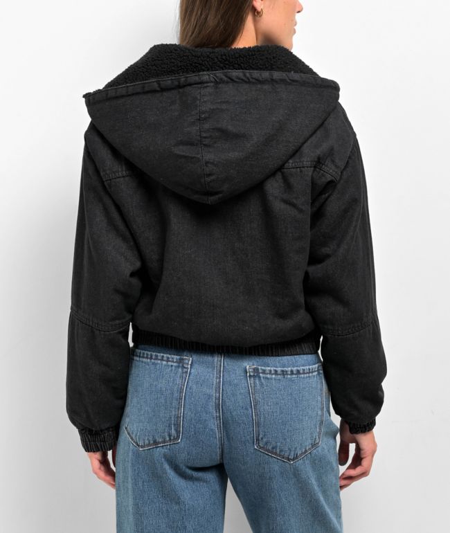 Cali 1850 Sherpa Lined Black Hooded Bomber Jacket - thumbnail 2
