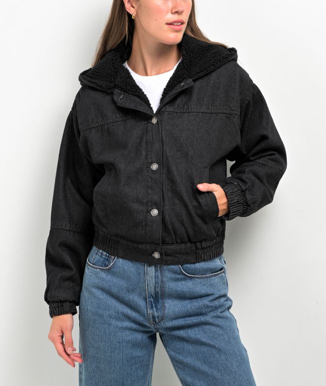 Cali 1850 Sherpa Lined Black Hooded Bomber Jacket