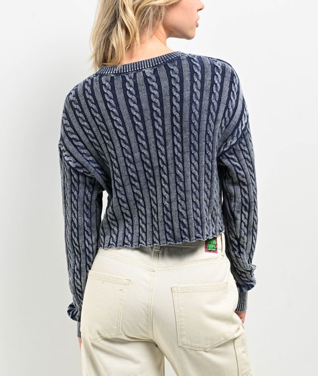 Cali 1850 Washed Navy Long Sleeve Crop Sweater - thumbnail 2