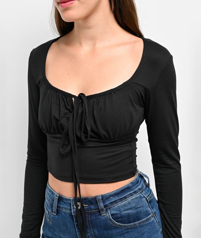 Capella Front Tie Black Long Sleeve Crop Top - thumbnail 3
