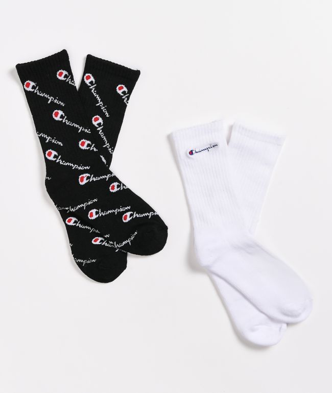 Champion Boys All Over Print Black 2 Pack Crew Socks
