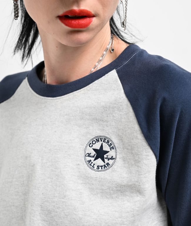 Converse Grey Raglan Long Sleeve Crop T-Shirt - thumbnail 3