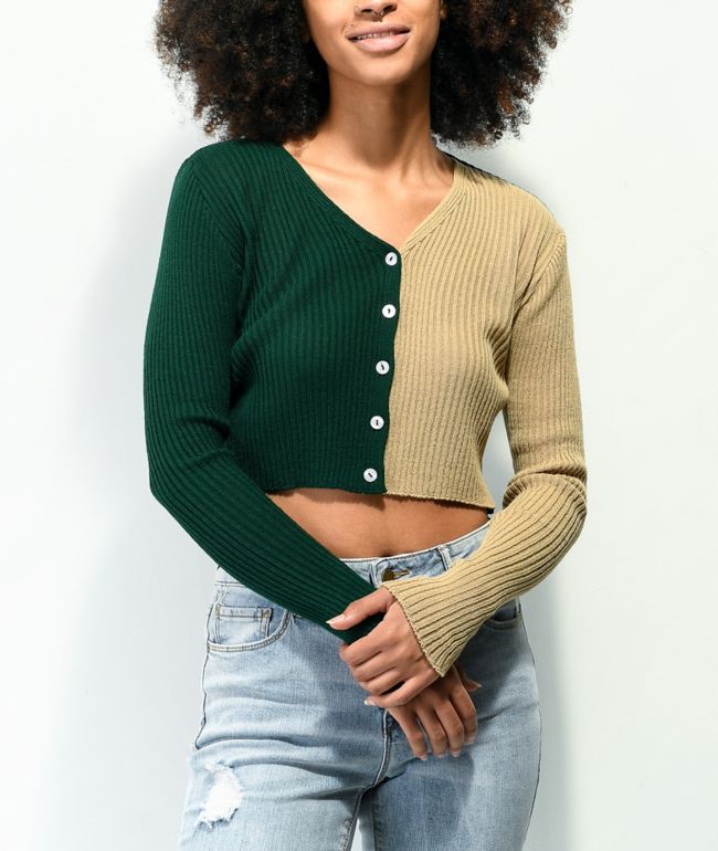 Daisy Street 90s Green & Beige Crop Cardigan Sweater