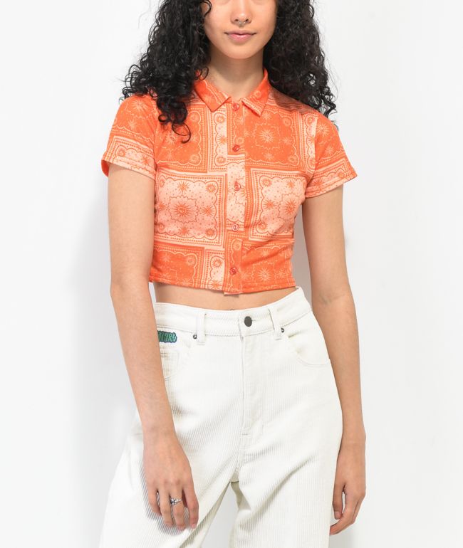 Daisy Street Bandana Orange Short Sleeve Crop Button Up Shirt