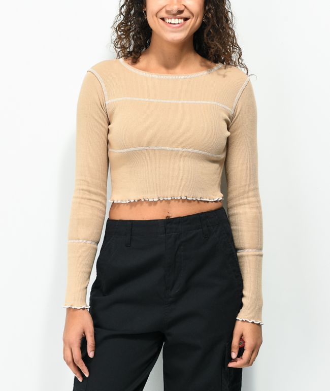 Daisy Street Exposed Hem Khaki Crop Long Sleeve Shirt