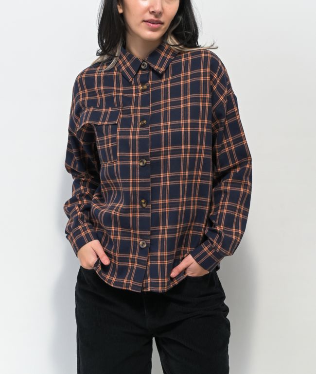 Daisy Street Lucy Navy & Orange Plaid Flannel Shirt