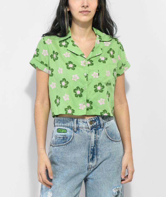 Daisy Street Sadie Hibiscus Green Button Up Short Sleeve Crop Shirt