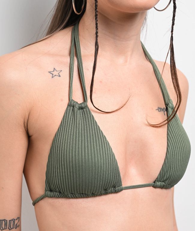 Damsel Olive Corded Rib Army Green Triangle Bikini Top - thumbnail 3