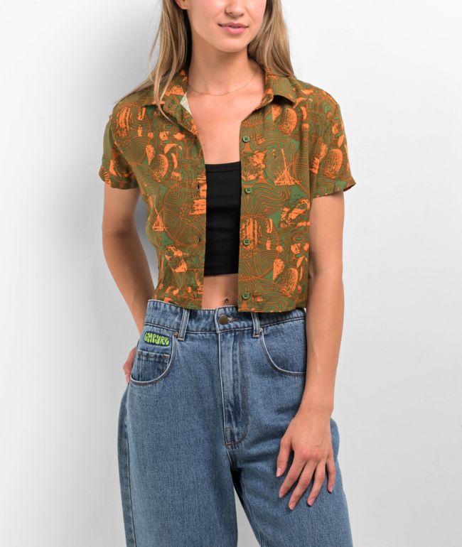 Dravus Birdie Green Crop Button Up Shirt