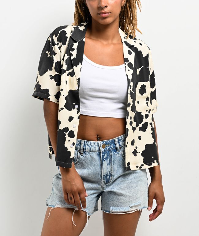 Duvin Cow Design Short Sleeve Button Up Boxy Shirt