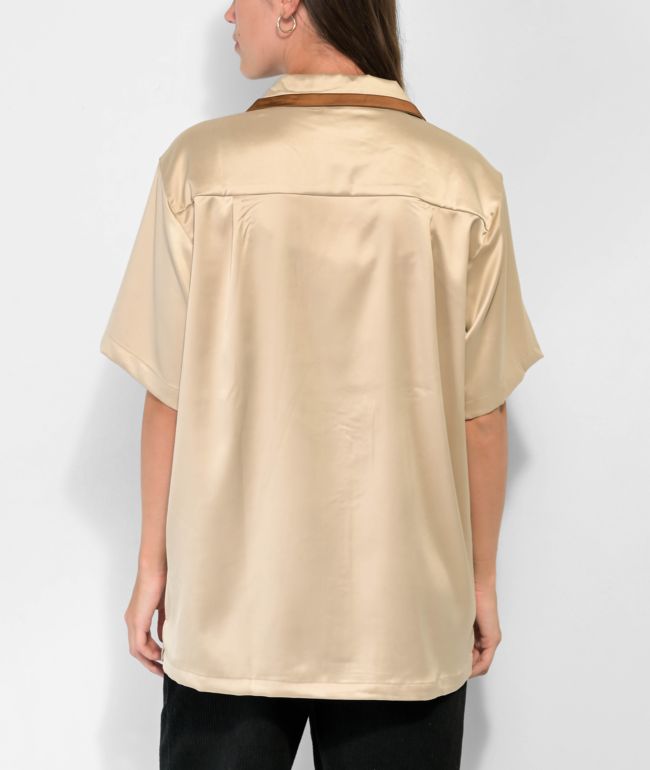 EPTM Villa Tan Satin Short Sleeve Button-Up Shirt - thumbnail 3