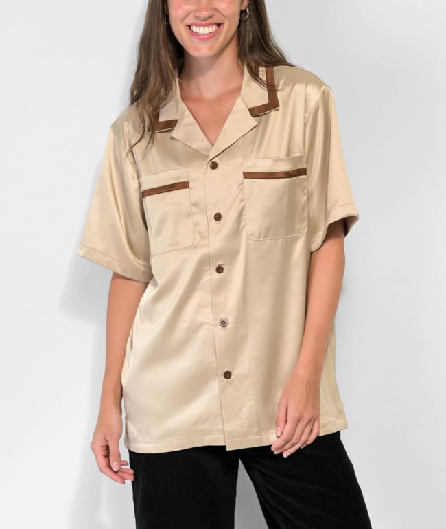 EPTM Villa Tan Satin Short Sleeve Button-Up Shirt - thumbnail 2