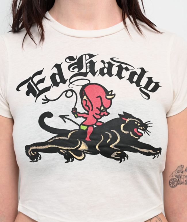 Ed Hardy Devil Panther Ivory Crop T-Shirt - thumbnail 3