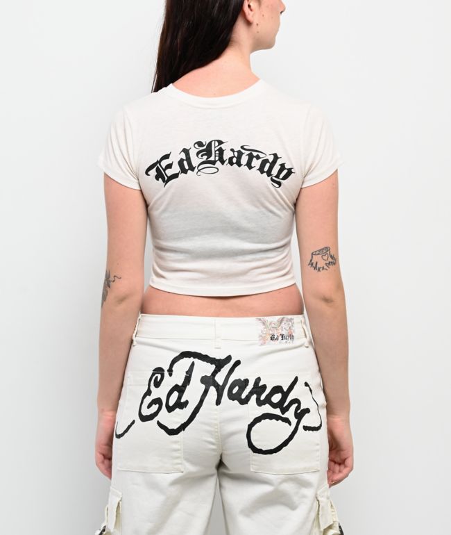 Ed Hardy Devil Panther Ivory Crop T-Shirt - thumbnail 2