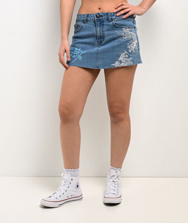 Ed Hardy Diamond Flower Blue Denim Cutoff Mini Skirt - thumbnail 2