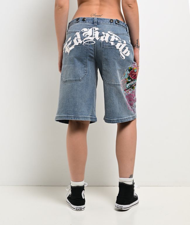 Ed Hardy Diamond Flower Light Wash Jean Shorts - thumbnail 2