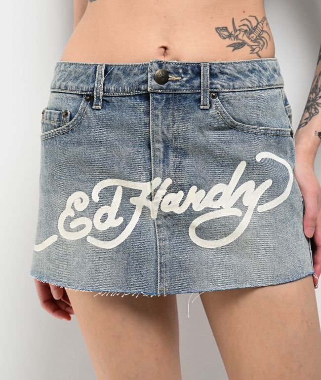 Ed Hardy Dragon Light Blue Cutoff Denim Mini Skirt - thumbnail 3