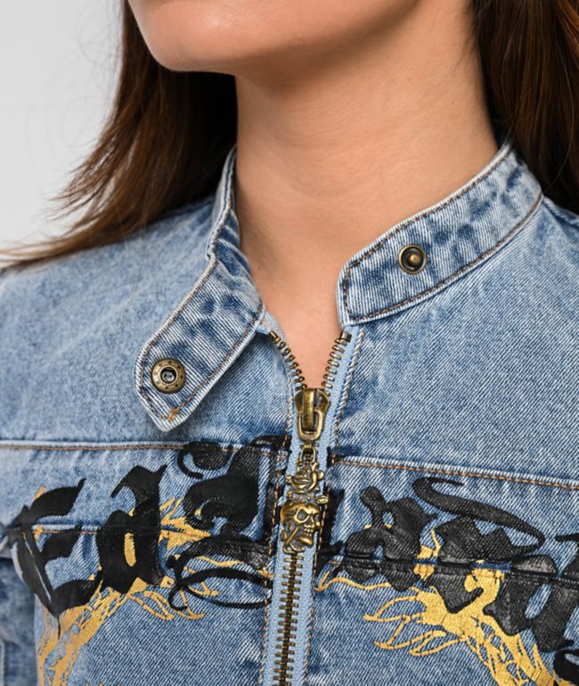 Ed Hardy Dragon Panther Blue Denim Moto Crop Jacket - thumbnail 3