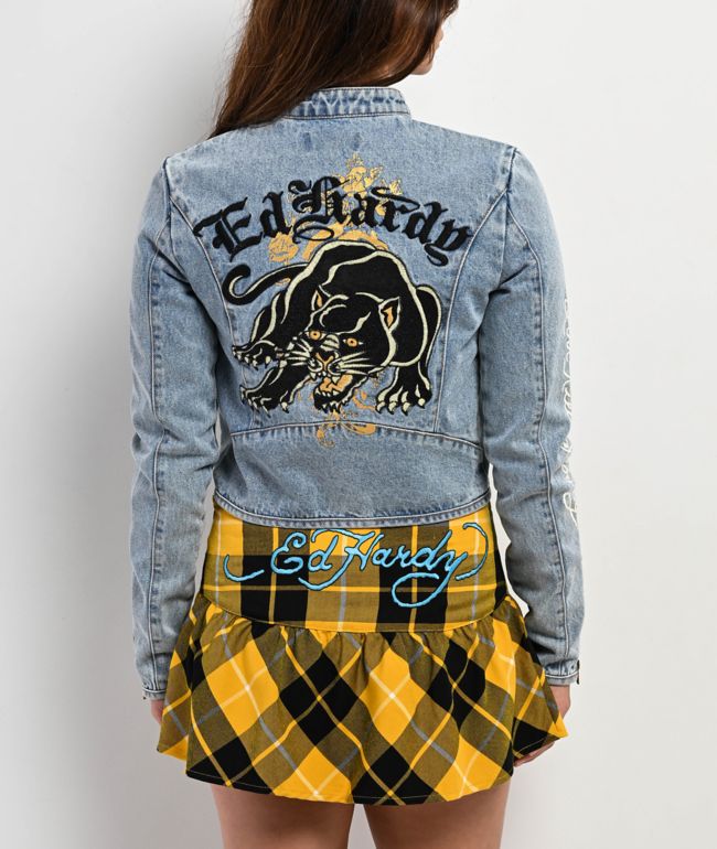 Ed Hardy Dragon Panther Blue Denim Moto Crop Jacket - thumbnail 2