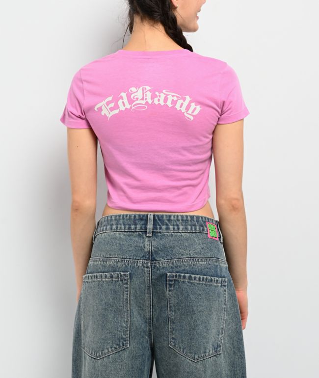 Ed Hardy Flower Diamond Pink Crop T-Shirt - thumbnail 2