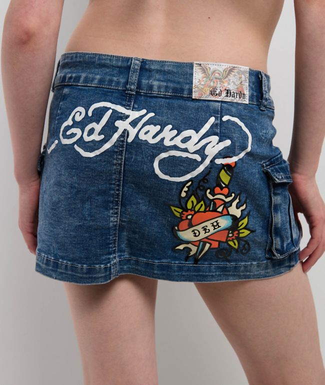 Ed Hardy Heart Dagger Light Wash Denim Cargo Mini Skirt - thumbnail 3