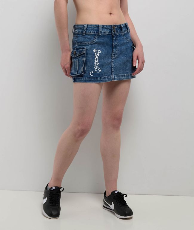Ed Hardy Heart Dagger Light Wash Denim Cargo Mini Skirt - thumbnail 2
