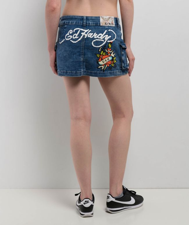 Ed Hardy Heart Dagger Light Wash Denim Cargo Mini Skirt