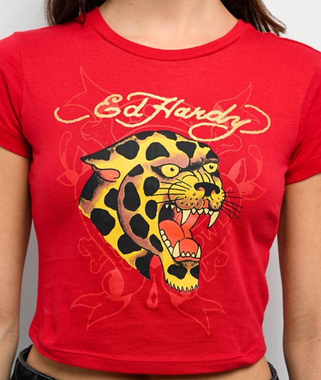 Ed Hardy Leopard Cherry Red Crop T-Shirt - thumbnail 3