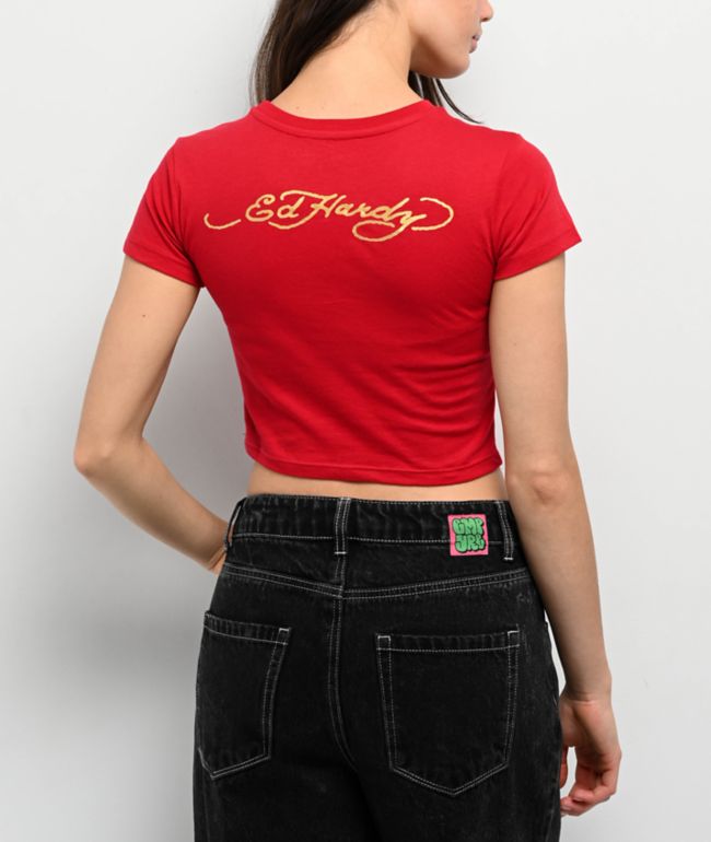 Ed Hardy Leopard Cherry Red Crop T-Shirt - thumbnail 2