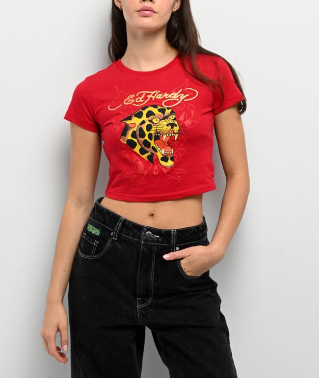 Ed Hardy Leopard Cherry Red Crop T-Shirt