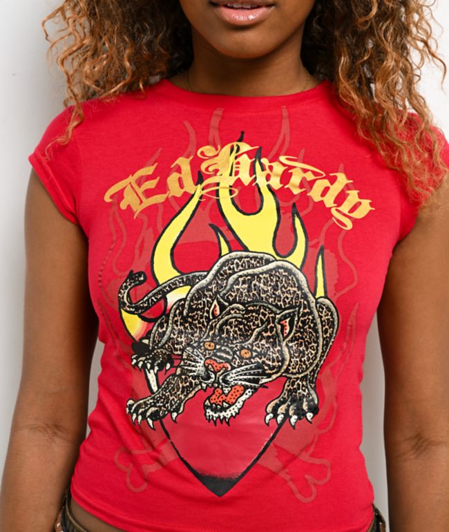 Ed Hardy Leopard Rhinestone Cherry Crop T-Shirt - thumbnail 3