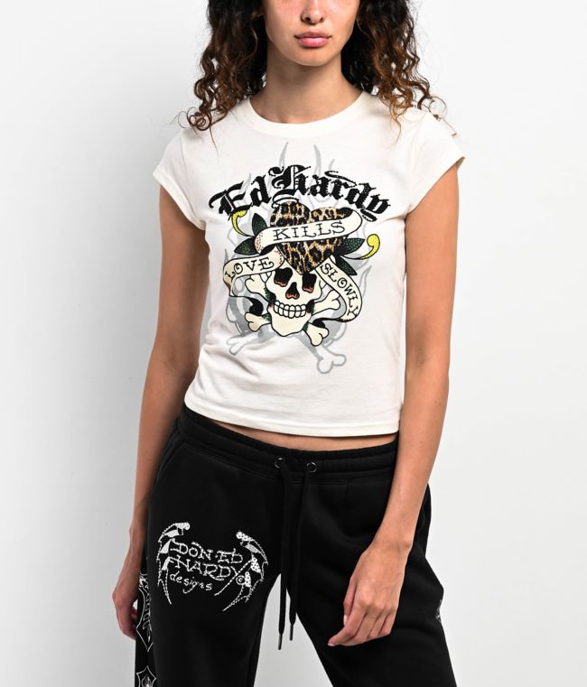 Ed Hardy Love Kills Slowly Skull Ivory Crop T-Shirt