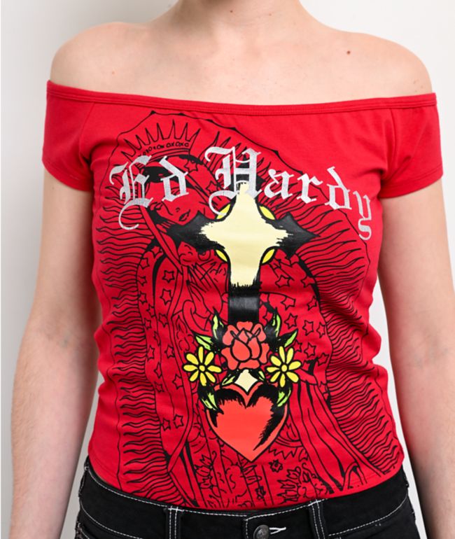 Ed Hardy Mary Off Shoulder Red Crop T-Shirt - thumbnail 3