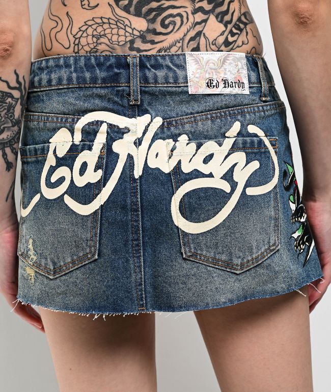 Ed Hardy Panther Dagger Dark Blue Cutoff Denim Mini Skirt - thumbnail 3