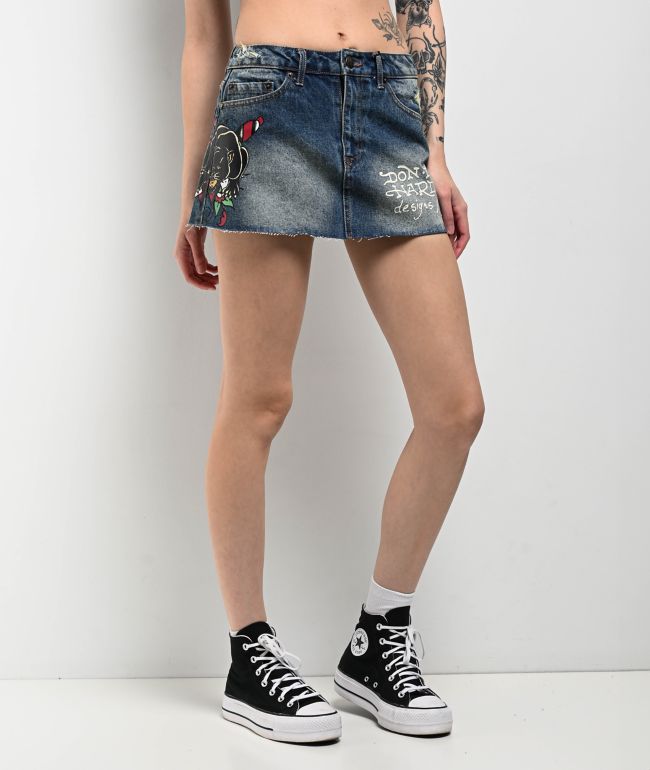 Ed Hardy Panther Dagger Dark Blue Cutoff Denim Mini Skirt - thumbnail 2