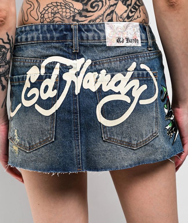 Ed Hardy Panther Dagger Dark Blue Cutoff Denim Mini Skirt